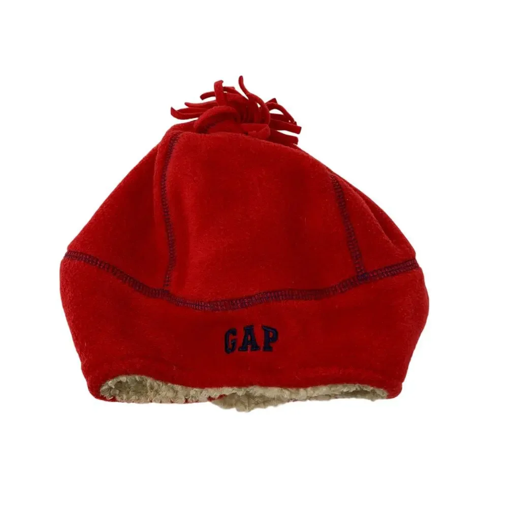 Baby Gap Winter Red Tan Fleece Hat Toddler Size M/L 4-5 Pom Pom Top Sherpa Lined